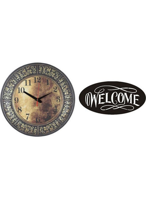 A2411 Wooden Round Analog Wall Clock With Welcome Wooden Tableau Multicolour 40cm