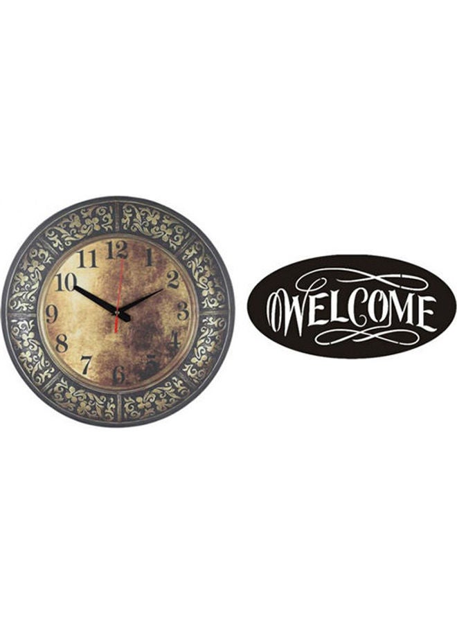 A2411 Wooden Round Analog Wall Clock With Welcome Wooden Tableau Multicolour 40cm