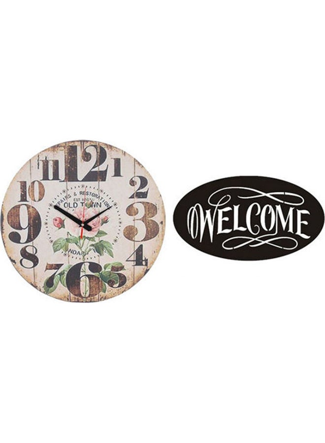 Solo A1651 Wooden Round Analog Wall Clock With Welcome Wooden Tableau Multicolour