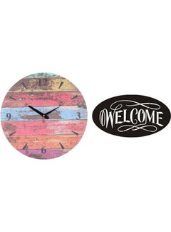 A1291 Wooden Round Analog Wall Clock With Welcome Wooden Tableau Multicolour 40cm