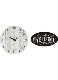 ساعة حائط خشبية دائرية بعقارب مع لوحة فنية من الخشب بتصميم كلمة "Welcome" طراز A181 متعدد الألوان 40سم