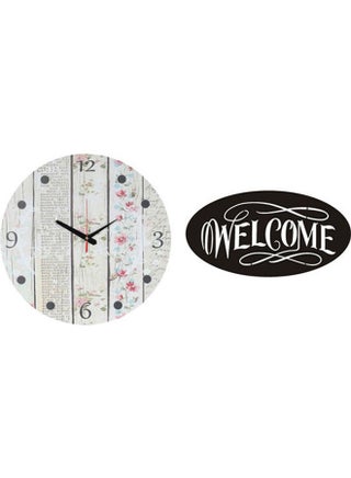 ساعة حائط خشبية دائرية بعقارب مع لوحة فنية من الخشب بتصميم كلمة "Welcome" طراز A181 متعدد الألوان 40سم - v1625991964/N49028264A_1