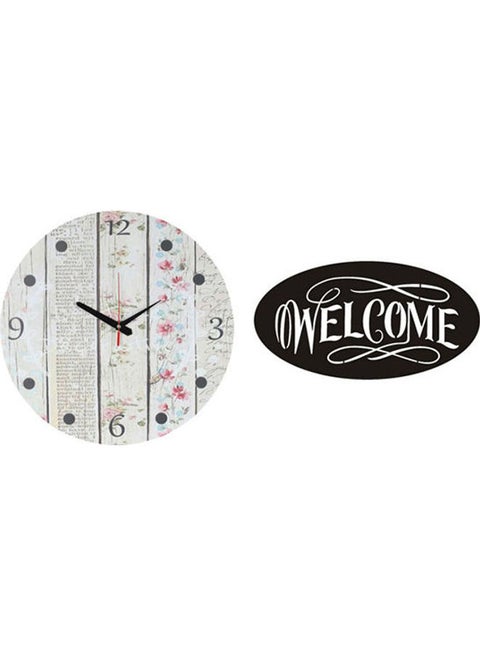 ساعة حائط خشبية دائرية بعقارب مع لوحة فنية من الخشب بتصميم كلمة "Welcome" طراز A181 متعدد الألوان 40سم