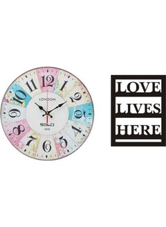 Solo B5746 Wooden Round Analog Wall Clock With Love Lives Here Wooden Tableau Multicolour 40cm 