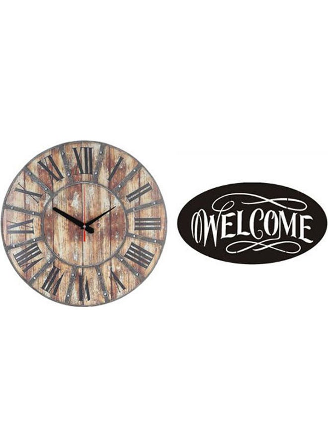 Solo A501 Wooden Round Analog Wall Clock With Welcome Wooden Tableau Multicolour 40cm