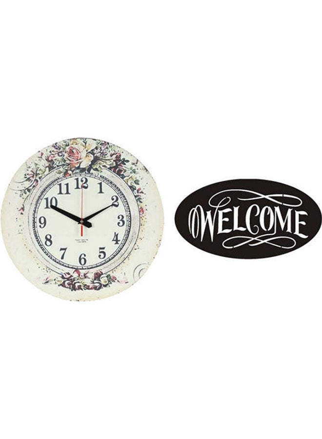 A601 Wooden Round Analog Wall Clock With Welcome Wooden Tableau Multicolour 40cm