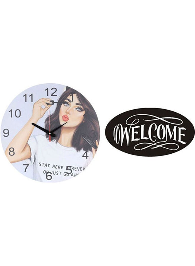Solo A741 Wooden Round Analog Wall Clock With Welcome Wooden Tableau Multicolour 40cm