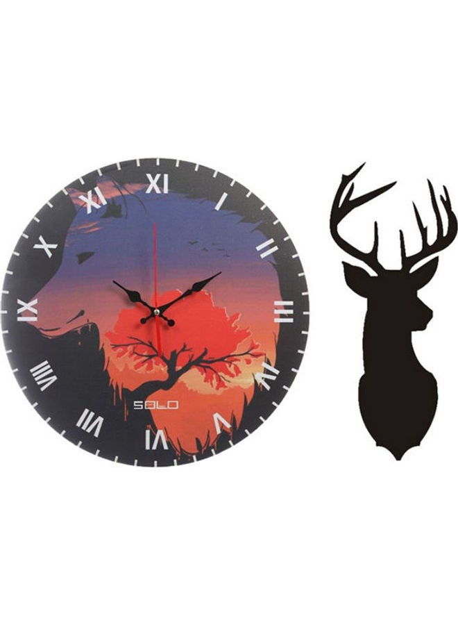 سولو ساعة حائط دائرية خشبية بعقارب مع لوحة فنية من الخشب بتصميم غزال طراز B84110 متعدد الألوان 40سم