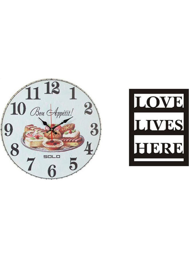 Solo B4846 Wooden Round Analog Wall Clock With Love Lives Here Wooden Tableau Multicolour 40cm