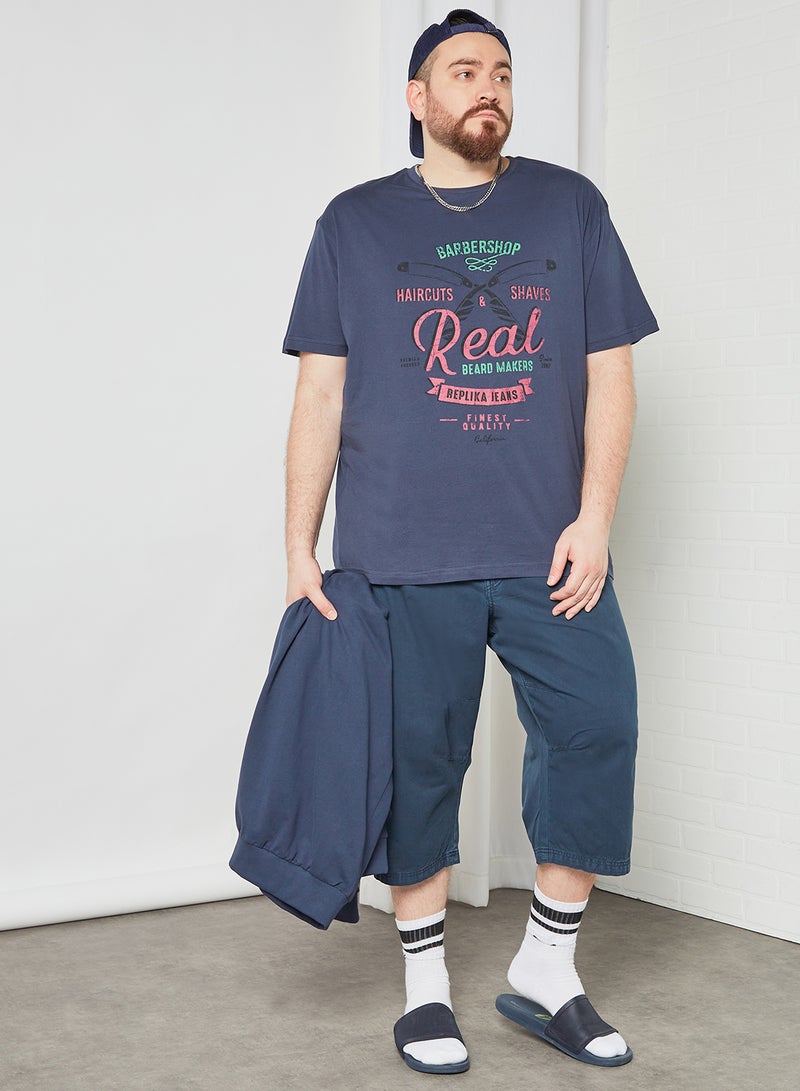 Replika Jeans - Plus Size Slogan Print T-Shirt Blue - Image 1