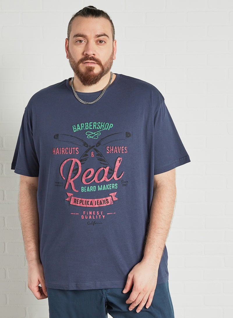 Replika Jeans - Plus Size Slogan Print T-Shirt Blue - Image 1