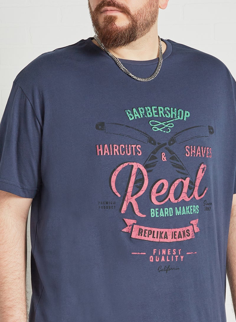 Replika Jeans - Plus Size Slogan Print T-Shirt Blue - Image 1