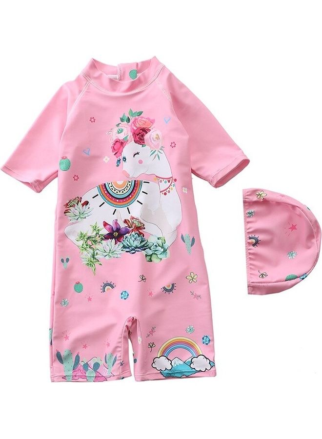 Generic Cartoon Printed Swimming Suit With Cap 6-7Y  - Image 1