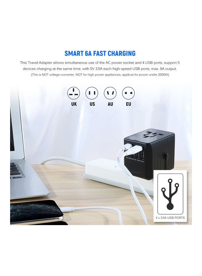 Generic - 4 USB Worldwide All in One Universal Adapter With Smart Power And Multiple Protection Black - Image 1