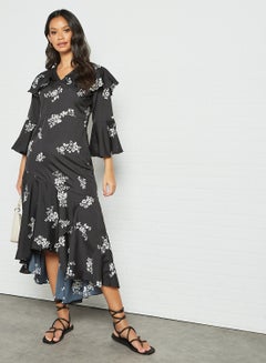Floral Asymmetric Hem Dress Black