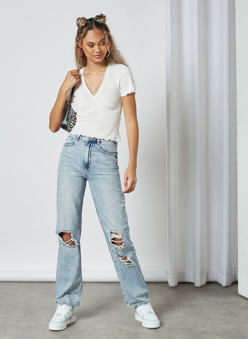 Pimkie Ribbed V-Neck Top White  - Image 2