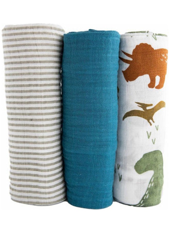 little unicorn Cotton Muslin Swaddle 3 Pack Set Dino Friends 2  - Image 1