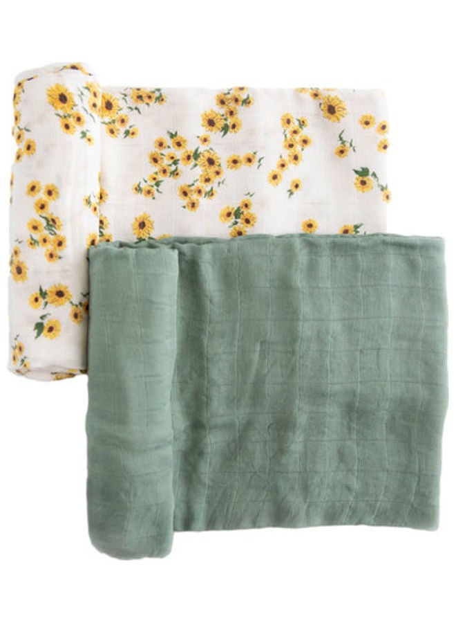little unicorn - Deluxe Muslin Swaddle 2 Pack Set Ditsy Sunflower - Image 1