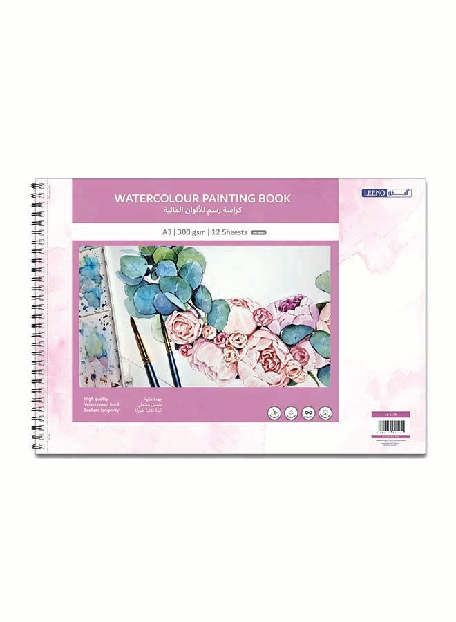 LEENO Watercolour Painting Book 12 Sheets A3 300 gsm White 