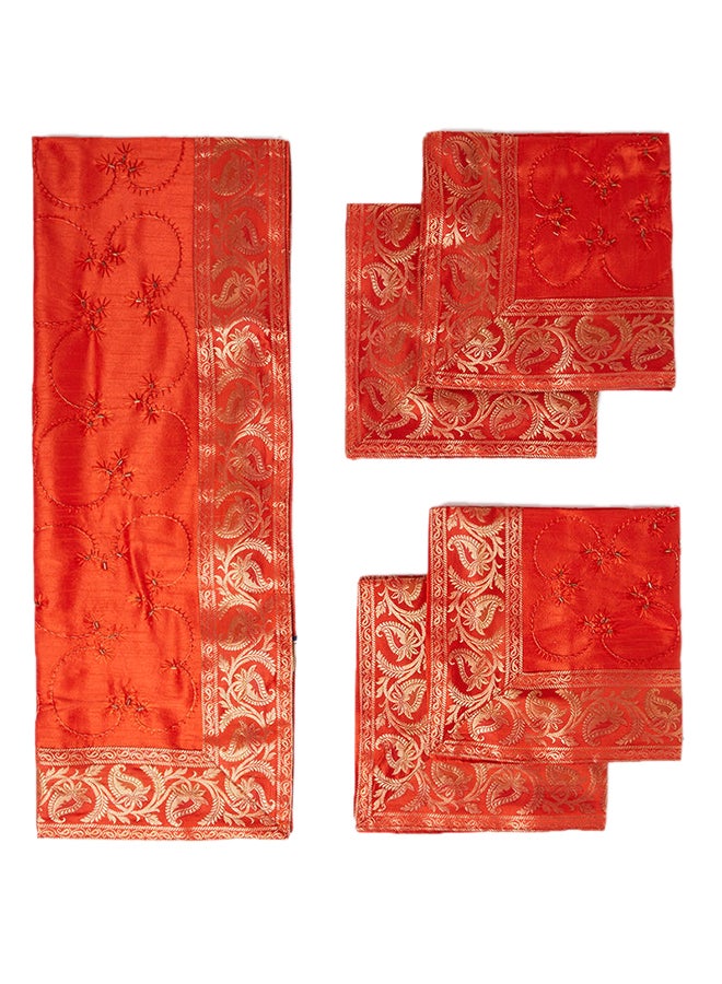 Ikras 5-Piece Embroidered Placemat and Table Runner Set Orange - Image 1
