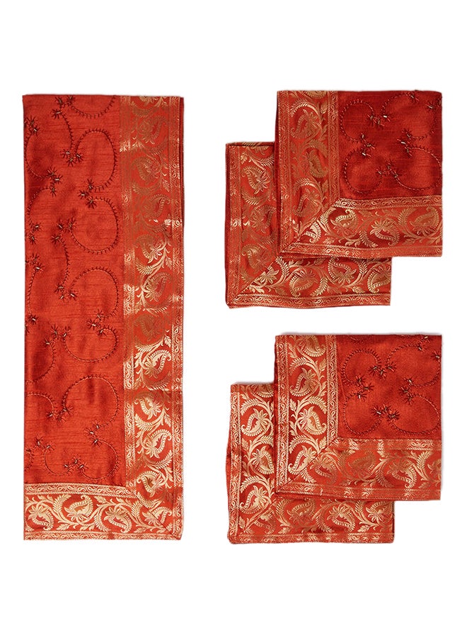 Ikras - 5-Piece Embroidered Placemat and Table Runner Set Red - Image 1