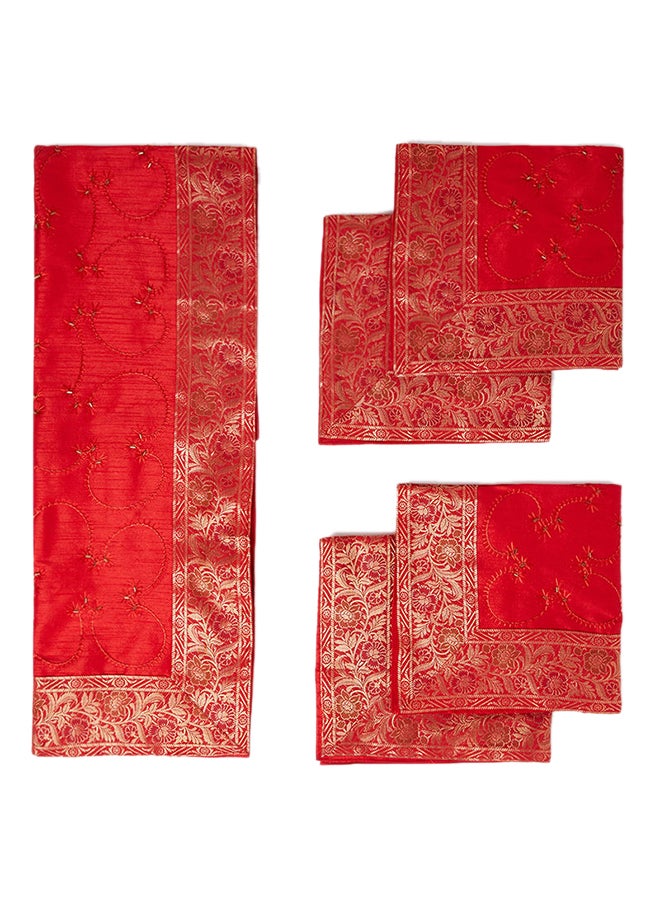 Ikras - 5-Piece Embroidered Placemat and Table Runner Set Red - Image 1