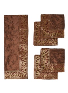 Ikras 5-Piece Embroidered Placemat and Table Runner Set Brown  - Image 1