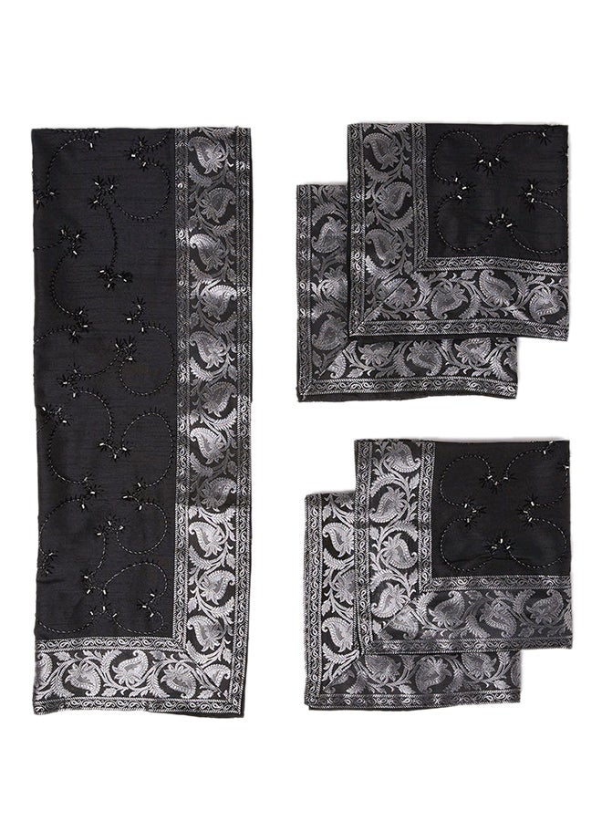 Ikras - 5-Piece Embroidered Placemat and Table Runner Set Black/Silver - Image 1