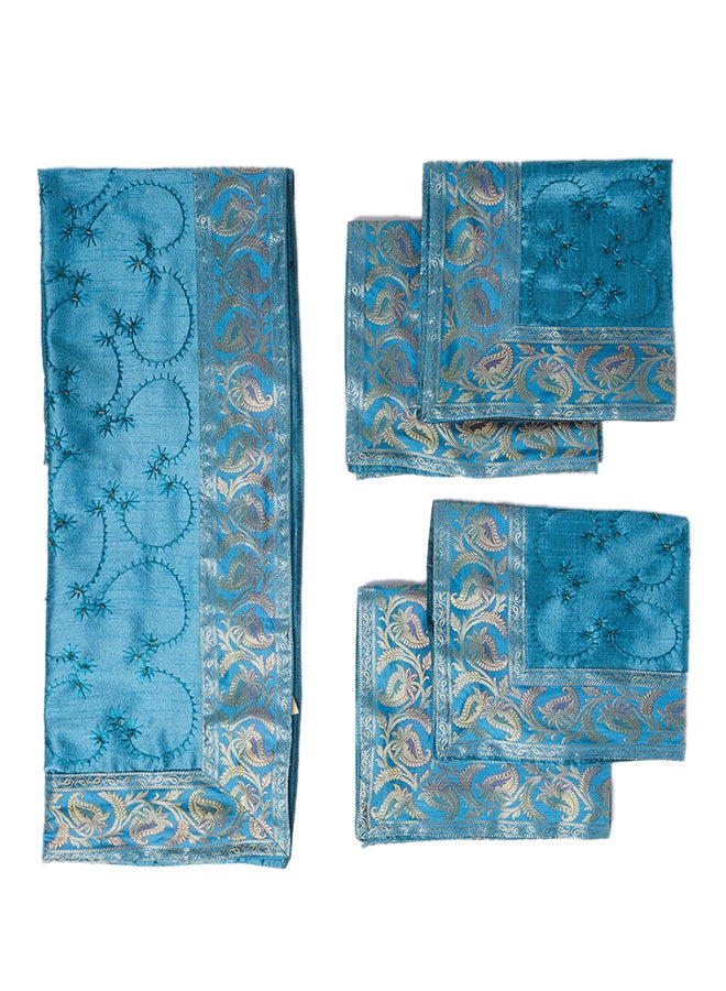 Ikras 5-Piece Embroidered Placemat and Table Runner Set Blue  - Image 1
