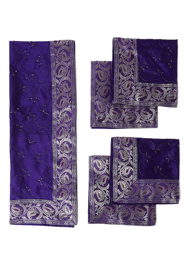 Ikras 5-Piece Embroidered Placemat and Table Runner Set Purple  - Image 1