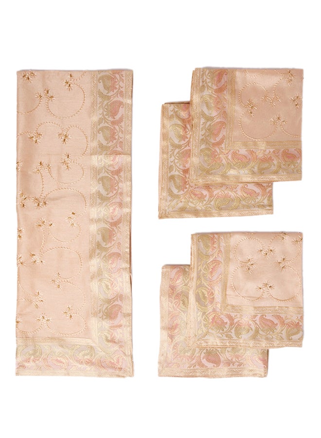 Ikras 5-Piece Embroidered Placemat and Table Runner Set Beige  - Image 1