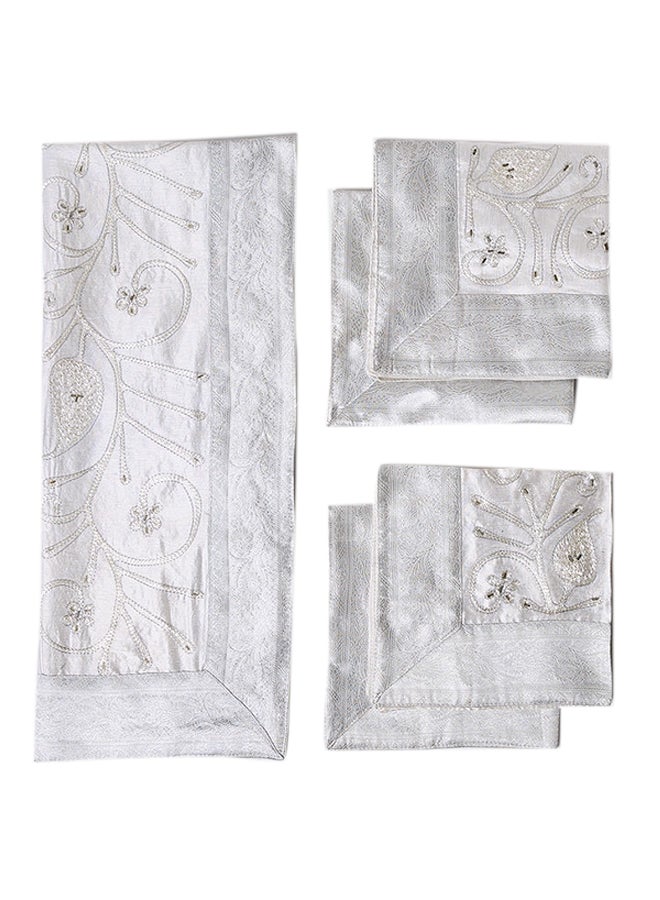 Ikras 5-Piece Embroidered Placemat and Table Runner Set White  - Image 1