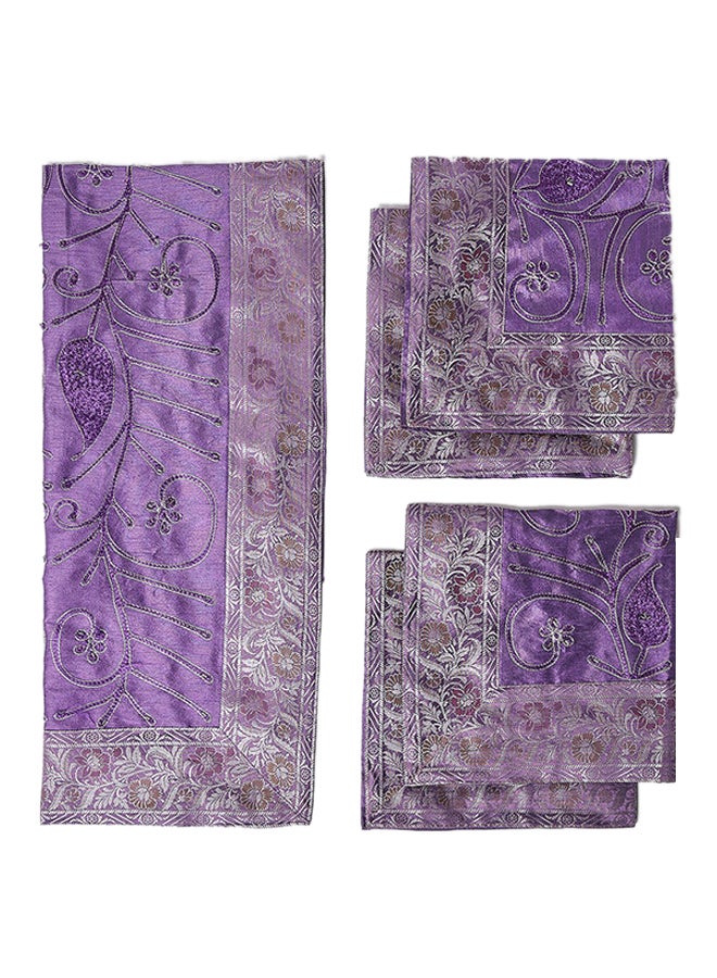 Ikras 5-Piece Embroidered Placemat and Table Runner Set Purple - Image 1
