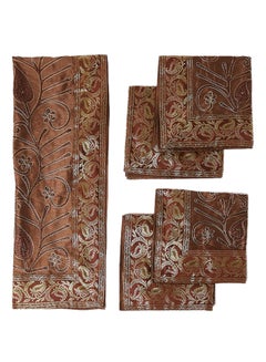 5-Piece Embroidered Placemat and Table Runner Set Brown
