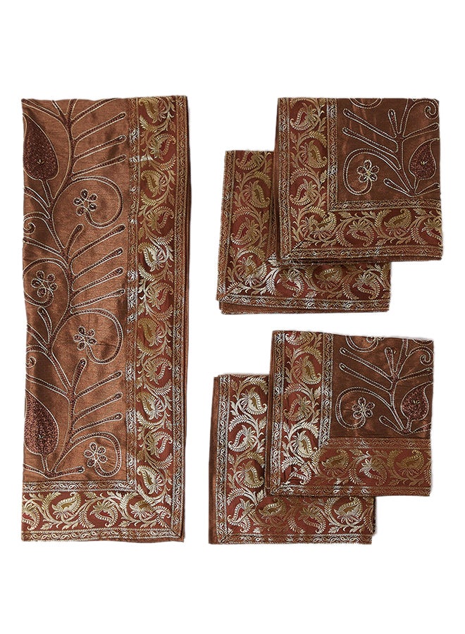 Ikras - 5-Piece Embroidered Placemat and Table Runner Set Brown - Image 1