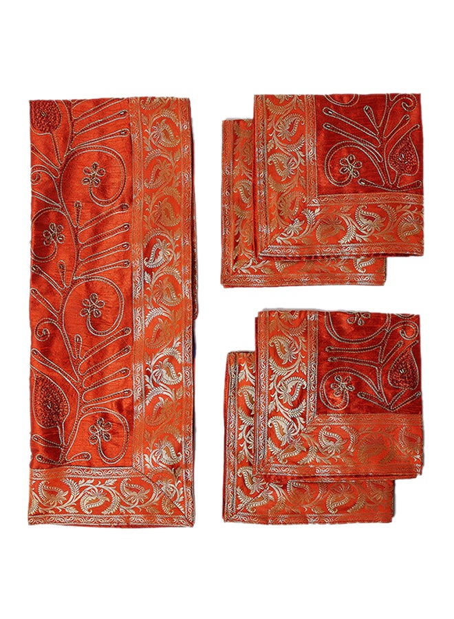 Ikras - 5-Piece Embroidered Placemat and Table Runner Set Red - Image 1