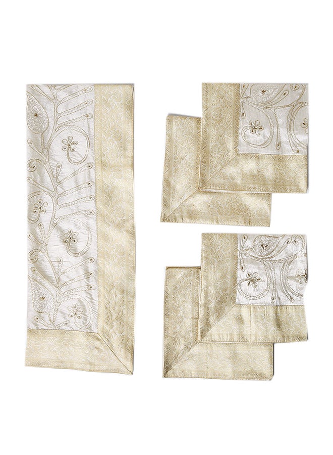 Ikras 5-Piece Embroidered Placemat and Table Runner Set White/Beige - Image 2