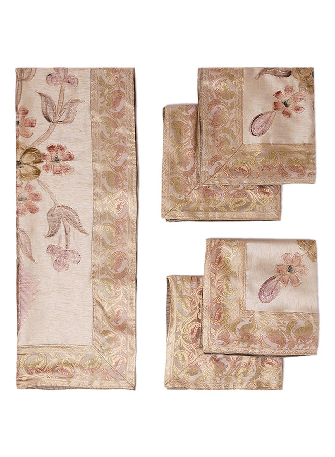 Ikras 5-Piece Embroidered Placemat and Table Runner Set Beige  - Image 1