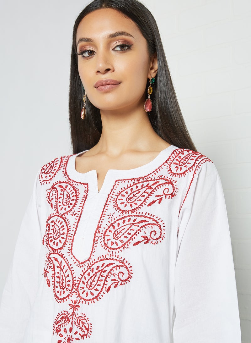 ZYLIST Long Sleeves Ethnic Kurta White/Red  - Image 2