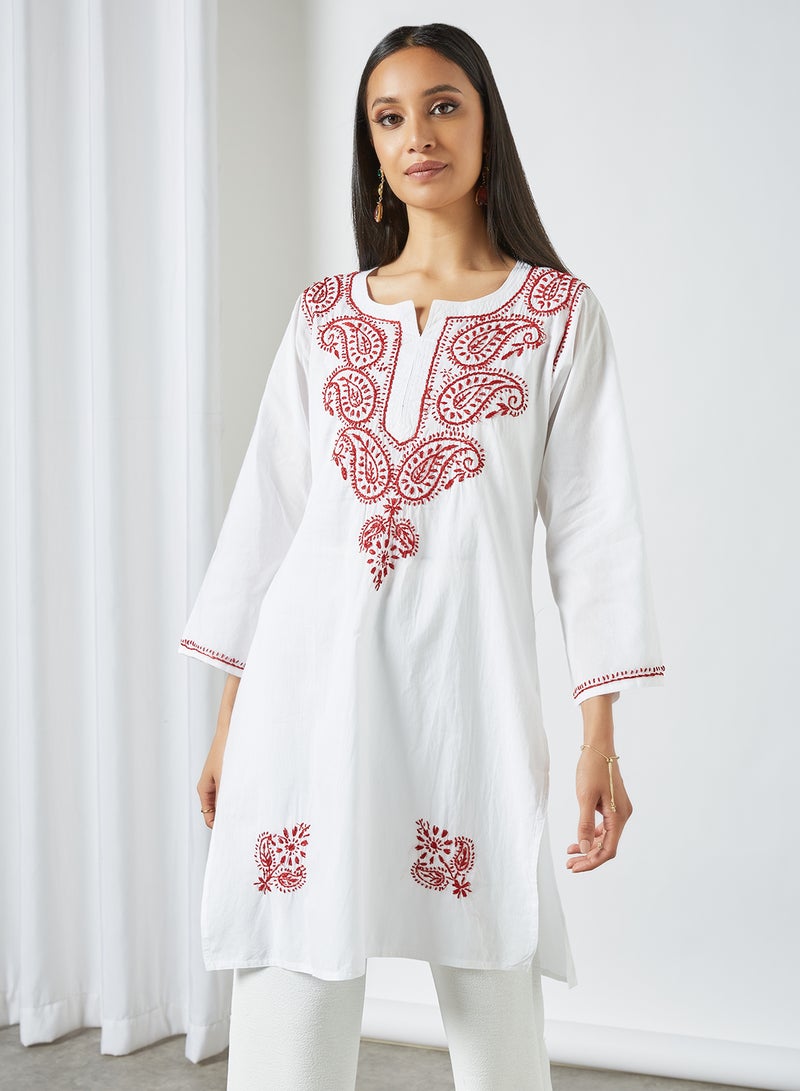 ZYLIST Long Sleeves Ethnic Kurta White/Red  - Image 1