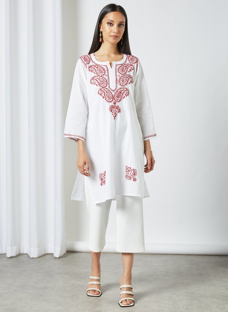 ZYLIST Long Sleeves Ethnic Kurta White/Red  - Image 3