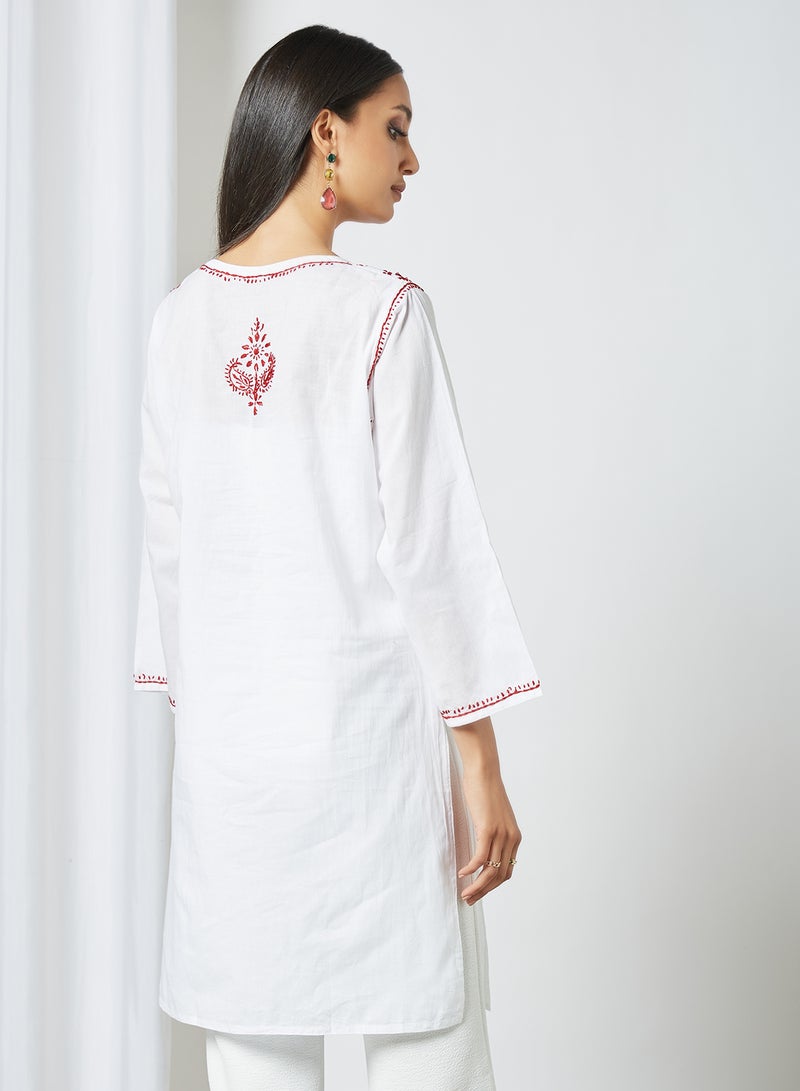 ZYLIST Long Sleeves Ethnic Kurta White/Red  - Image 4