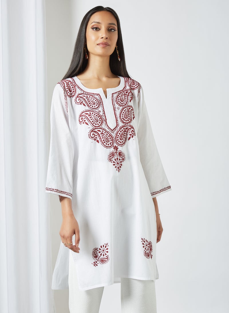ZYLIST Long Sleeves Ethnic Kurta White/Red  - Image 1