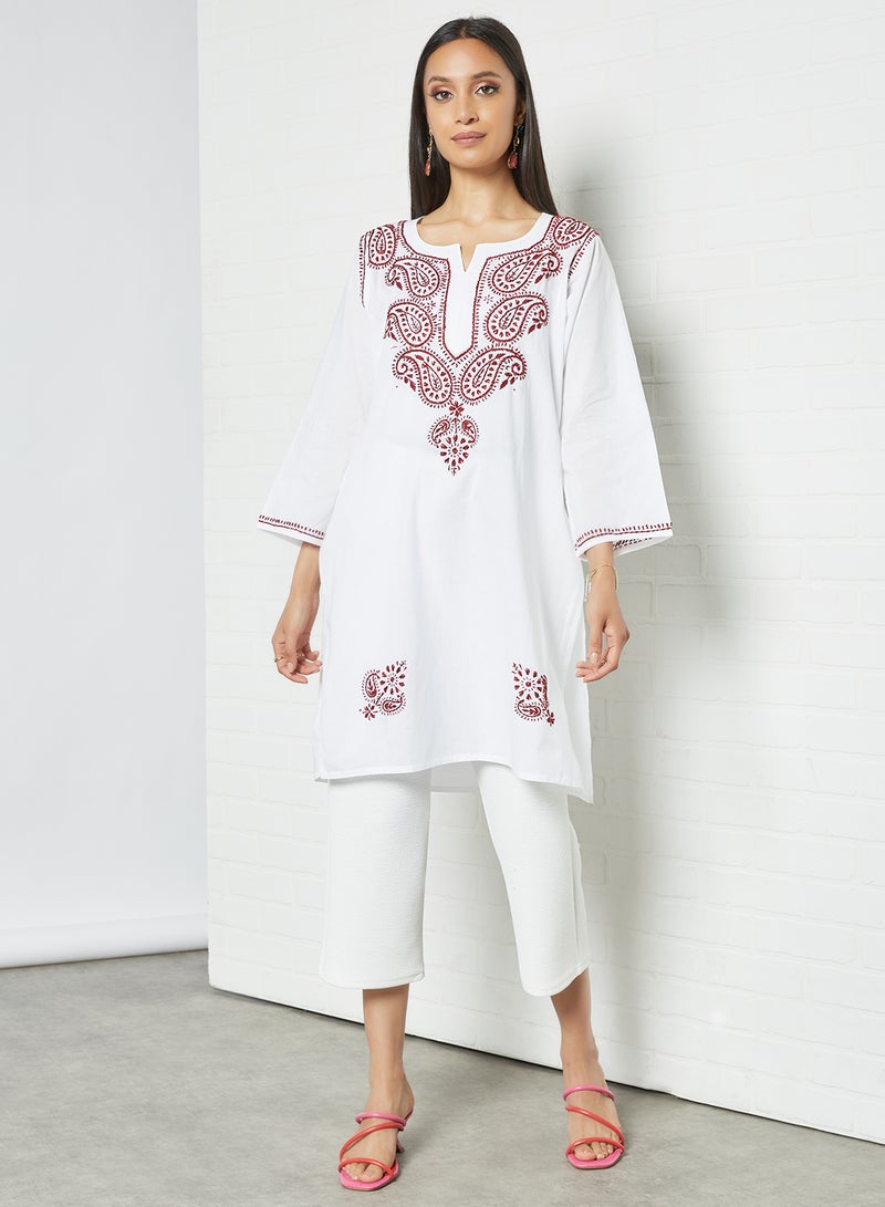 ZYLIST Long Sleeves Ethnic Kurta White/Red  - Image 3