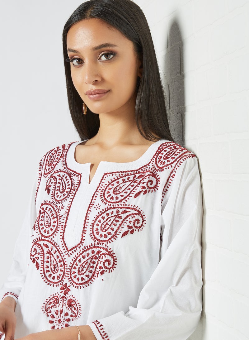 ZYLIST Long Sleeves Ethnic Kurta White/Red  - Image 2