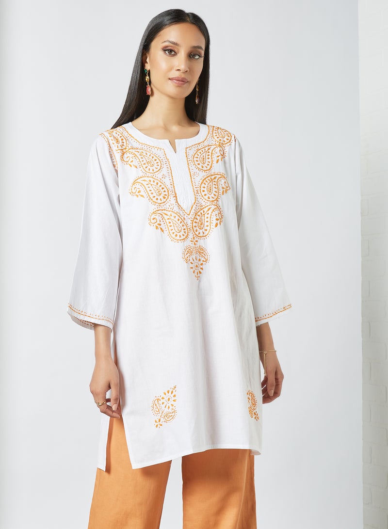 ZYLIST Long Sleeves Ethnic Kurta White/Orange  - Image 1