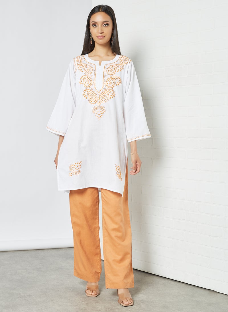 ZYLIST Long Sleeves Ethnic Kurta White/Orange  - Image 3