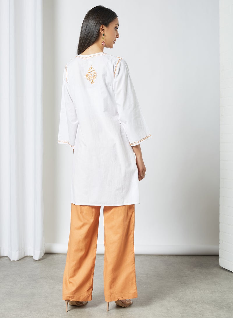 ZYLIST Long Sleeves Ethnic Kurta White/Orange  - Image 4