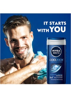 Nivea MEN Cool Kick Shower Gel 3in1, 24h Fresh Effect, Masculine Scent, Blue 250ml  - Image 2