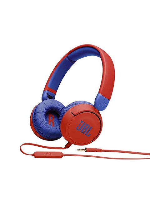 Jr 310 سماعات رأس سلكية للأطفال مع صوت آمن - ميكروفون مدمج - عصابة رأس مبطنة - وسادة أذن - كابل مسطح أحمر أحمر